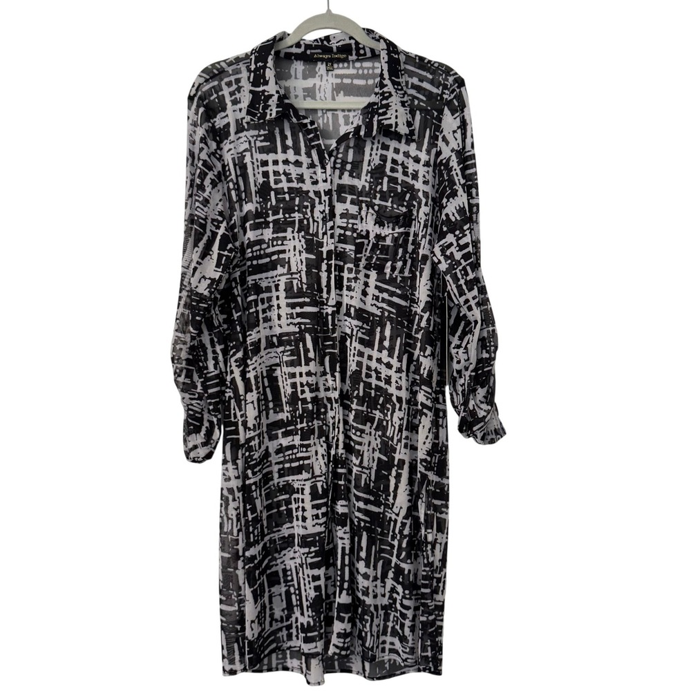 Always Indigo Sheer Shirt Dress Womens 2X Black White Long Sleeve Artsy Abstract